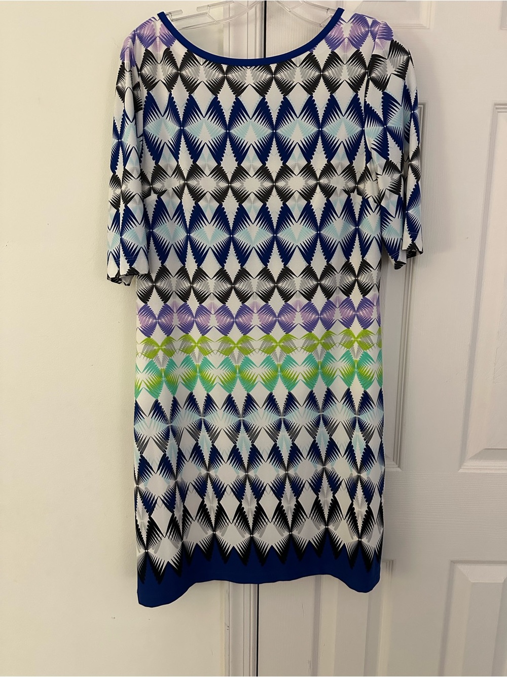 Eliza J Cream Dress with Royal Blue Neckline